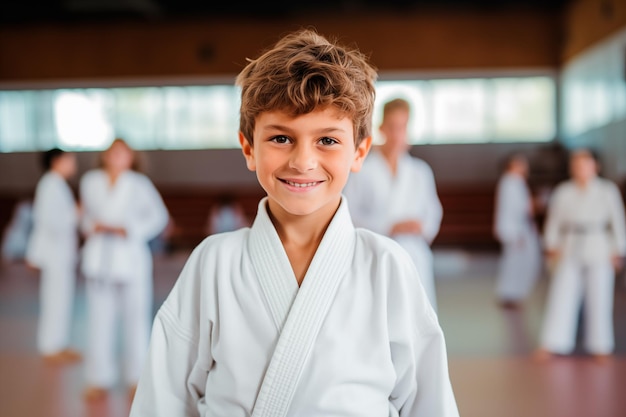 Un chico moreno de pie en una clase de karate