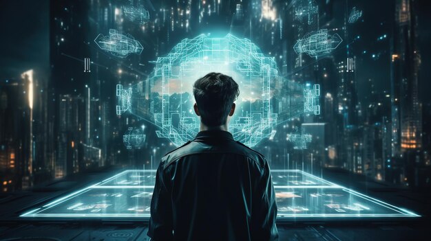 Chico muestra gráfico virtual Internet global conectarse Chatear con IA, Inteligencia Artificial. Transformación tecnológica futurista.