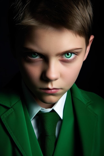 Un chico de ojos verdes y traje verde.