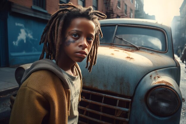 Foto un chico pequeño con dreadlocks con moretones en el ojo un chico en la calle posando cerca de un coche viejo genera ai