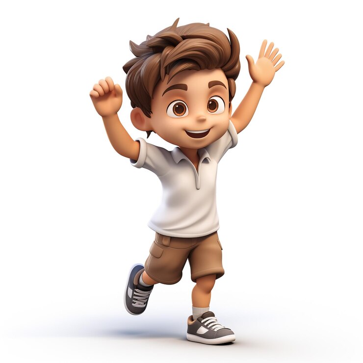 Chico personaje de dibujos animados 3d levantando las manos animando con cara feliz renderización 3d