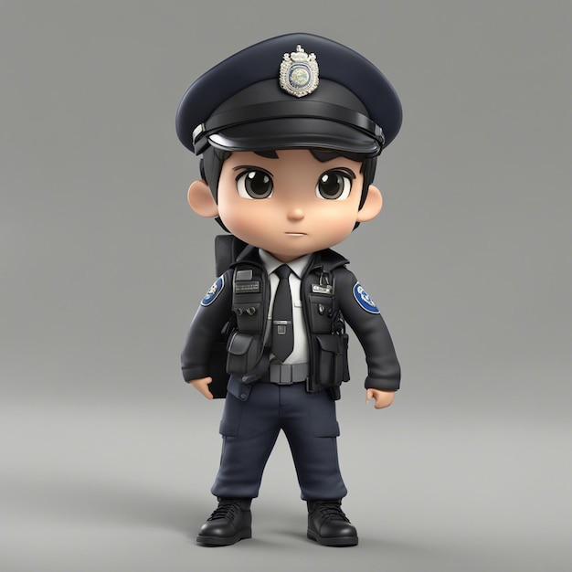 Un chico de personaje de dibujos animados de hombre policía lindo Chibistyle 3D con pistola y chaqueta usando una mochila