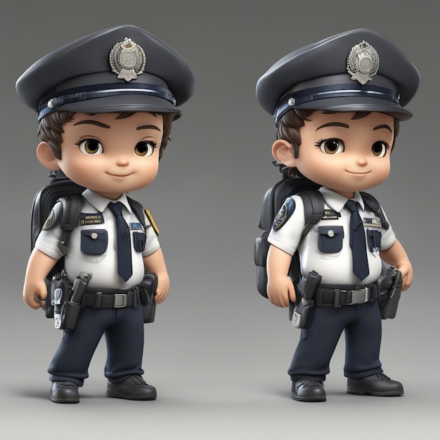 Un chico de personaje de dibujos animados de hombre policía lindo Chibistyle 3D con pistola y chaqueta usando una mochila