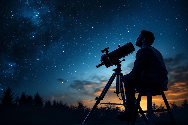 Chico sentado afuera explorando el cielo nocturno con un gran telescopio