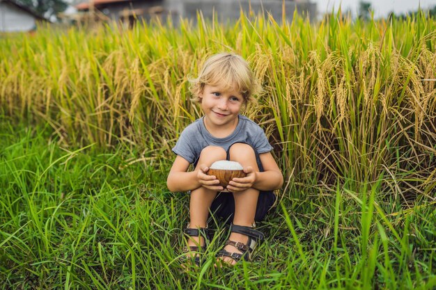 El chico sostiene una taza de arroz hervido en una taza de madera al fondo de un campo de arroz maduro. Concepto de comida para niños.