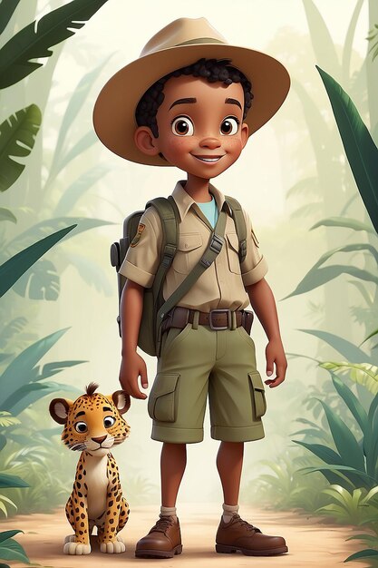 Foto chico en traje de safari personaje de dibujos animados