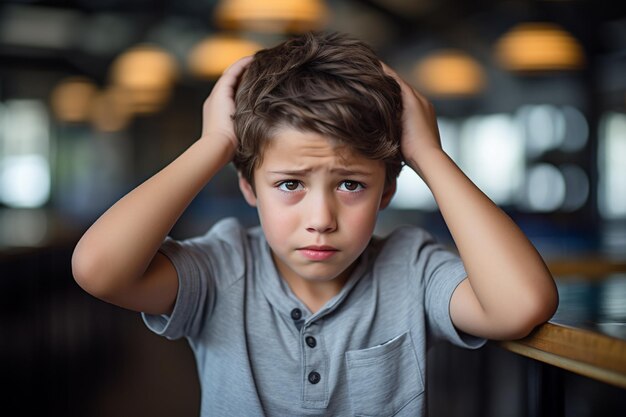 Foto un chico triste con dolor de cabeza fiebre alta estresado sosteniendo su cabeza con dolor