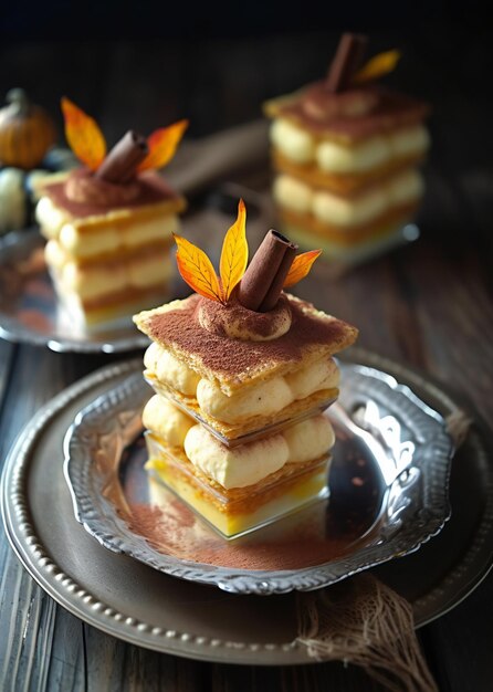 Foto chicorée-kürbis-tiramisu, ein stapel desserts auf einem silbernen teller. ki generiert, ki generativ