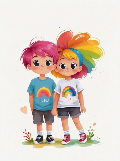 Chicos y chicas lindos y brillantes con cabello de color arco iris en estilo de dibujos animados sobre un fondo blanco