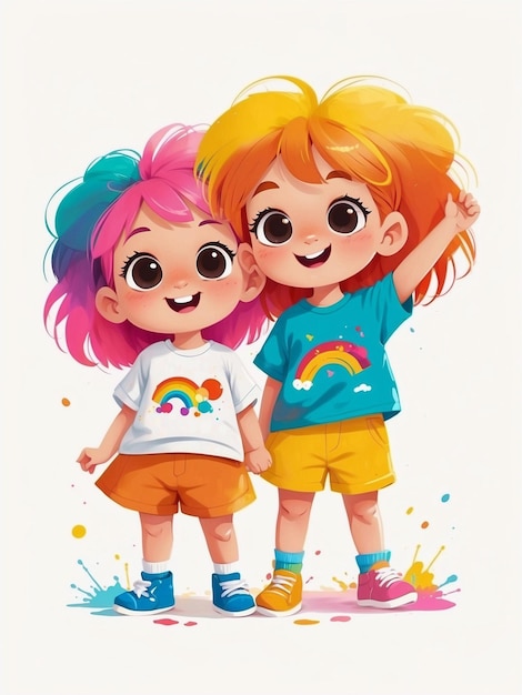 Chicos y chicas lindos y brillantes con cabello de color arco iris en estilo de dibujos animados sobre un fondo blanco