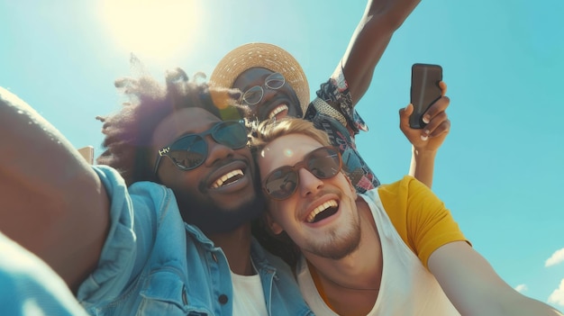 Chicos y chicas multiétnicos tomando selfies al aire libre con luz de fondo Concepto de amistad de estilo de vida feliz en jóvenes multiculturales que se divierten juntos