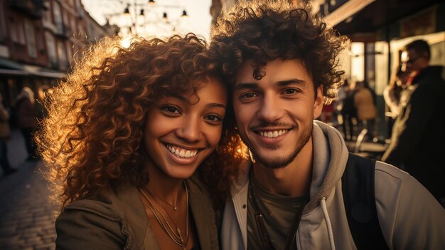 Chicos y chicas multirraciales tomando selfies al aire libre con luz de fondo vida feliz