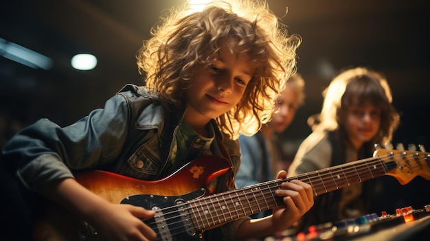 Chicos jóvenes tocando instrumentos musicales en una banda