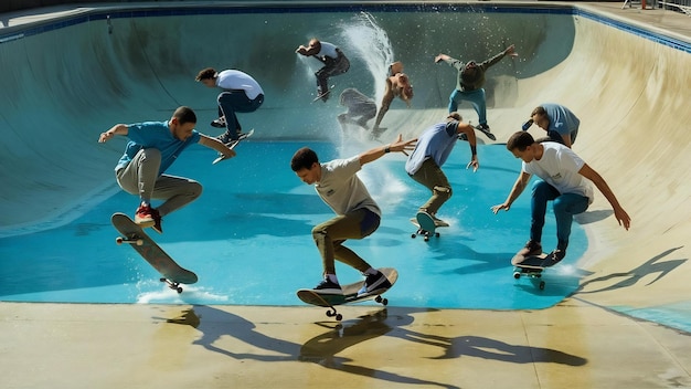 Los chicos patinan en la piscina.