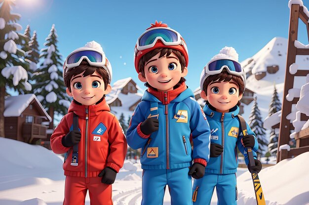 Chicos súper lindos con trajes de esquí están listos para ir a las pistas y divertirse en el paraíso invernal.