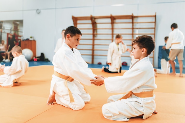 Chicos en uniforme practican artes marciales.