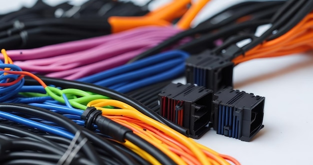 Foto chicote de fios coloridos e conectores de plástico para veículos, indústria automotiva e manufatura x9