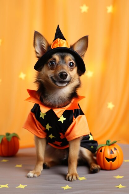 Foto un chihuahua arrafado con un disfraz de halloween sentado al lado de una calabaza generativa ai