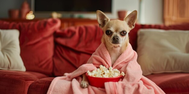 Chihuahua en una bata de baño rosa con palomitas de maíz en un sofá rojo