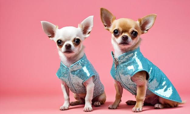 Foto chihuahua cachorrinho em glam moda couture high end roupas isoladas em fundo brilhante