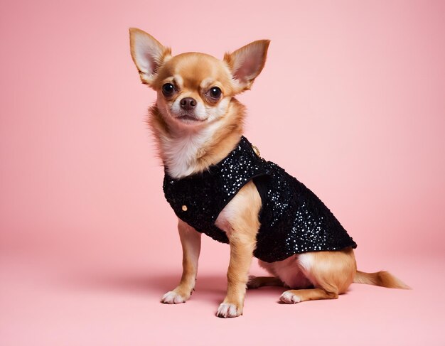 Foto chihuahua cachorrinho em glam moda couture high end roupas isoladas em fundo brilhante