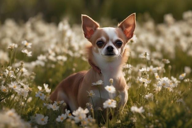 Chihuahua en un campo de flores