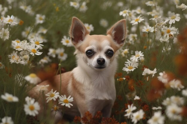 Chihuahua en un campo de flores