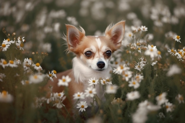 Chihuahua en un campo de flores