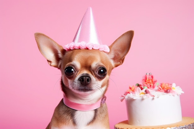 Chihuahua comemorando aniversário com bolo em fundo rosa