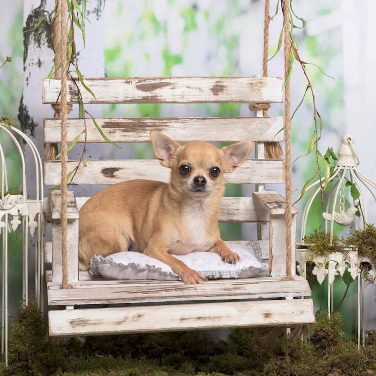 Foto chihuahua deitado sobre um travesseiro, em decoração pastoral