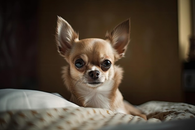 Chihuahua é um cachorrinho adorável descansando na cama Chihuahua em marrom contra um fundo brilhante