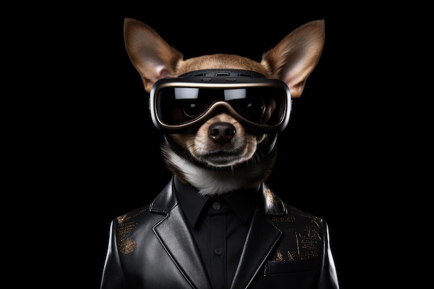 Chihuahua em fato e realidade virtual em fundo preto