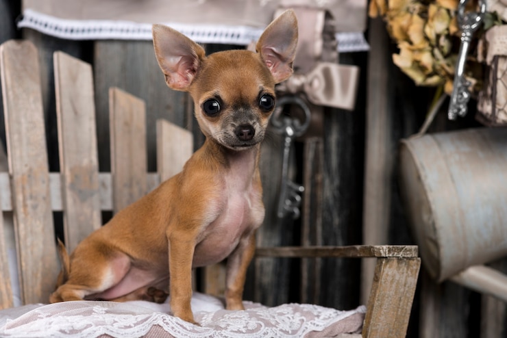 Foto chihuahua em frente a uma parede rústica