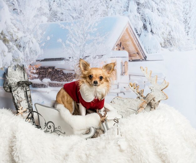 Chihuahua em pé no trenó olhando para a câmera em cena de inverno