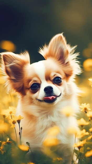 Chihuahua em um campo de flores