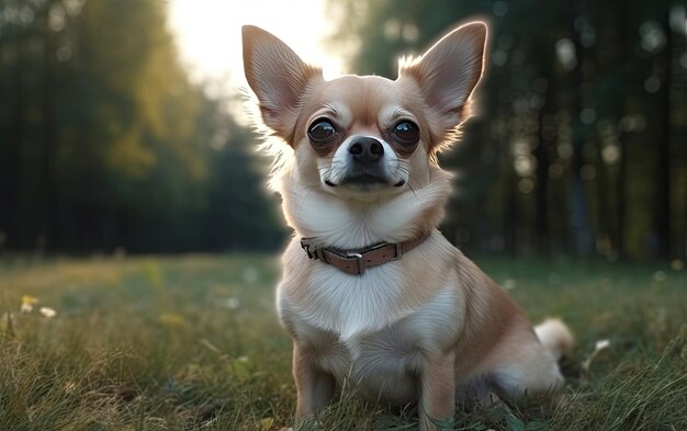 Chihuahua está sentado en la hierba en el parque profesional de publicidad post foto ai generado