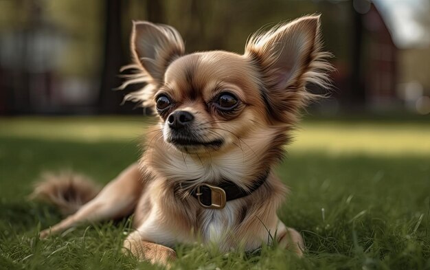 Chihuahua está sentado en la hierba en el parque profesional de publicidad post foto ai generado