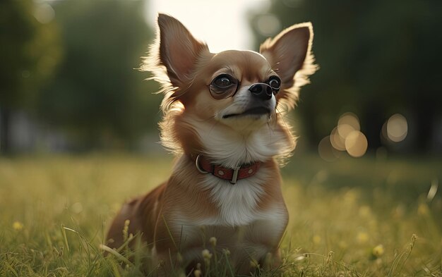 Chihuahua está sentado na grama no parque foto de postagem de publicidade profissional ai gerado