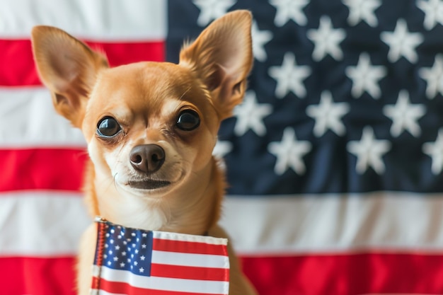 Chihuahua en el fondo de la bandera de los Estados Unidos