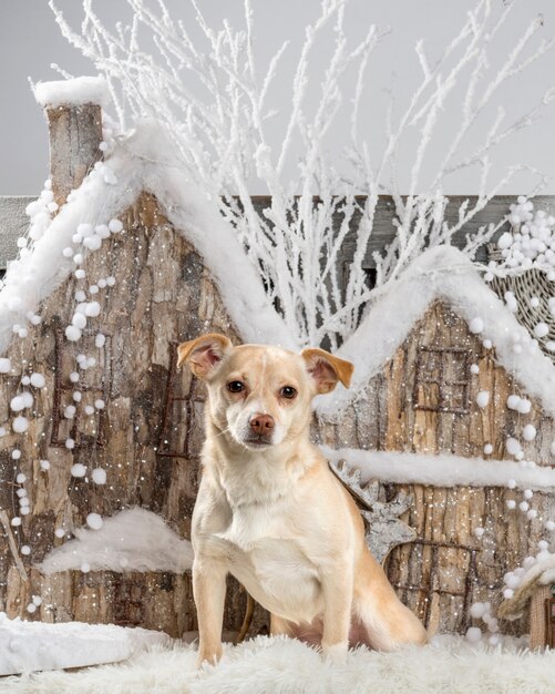 Chihuahua frente a un paisaje navideño