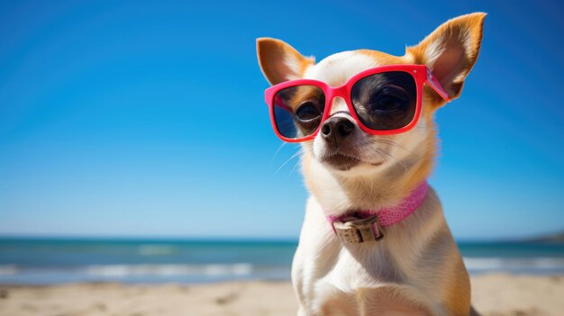 chihuahua con gafas de sol en una playa de verano Ai generativo