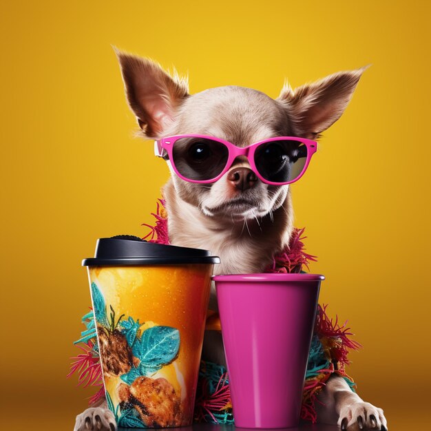 Chihuahua con gafas de sol y una taza de café en el