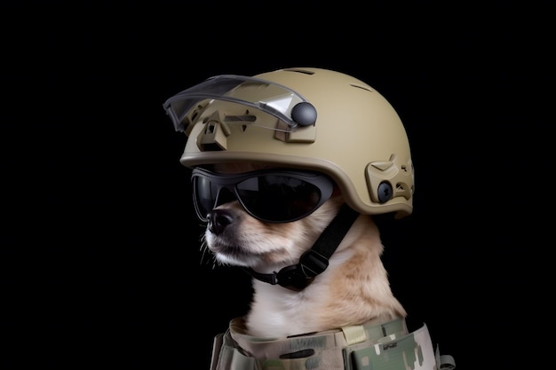 Chihuahua-Hund in einem Militärhelm. Neuronales Netzwerk, KI generiert