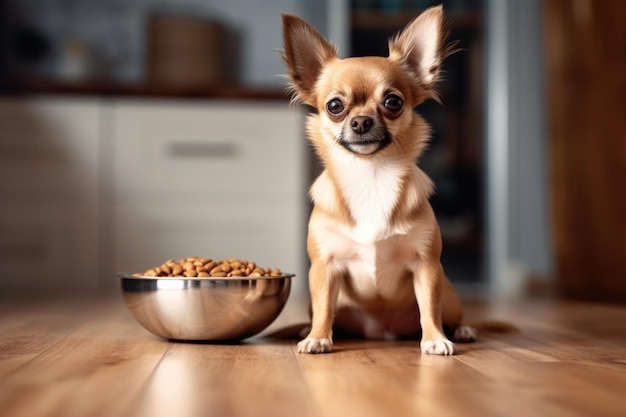 Chihuahua-Hund mit einer Schüssel mit Essen auf einem Holzboden