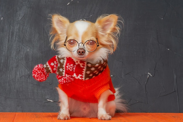 Chihuahua joven con suéter y bufanda Un perro de pelo largo de la raza Chihuahua es de color blanco y rojo