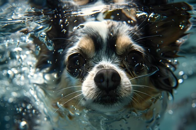 Chihuahua nadando bajo el agua Retrato de un compañero húmedo y leal