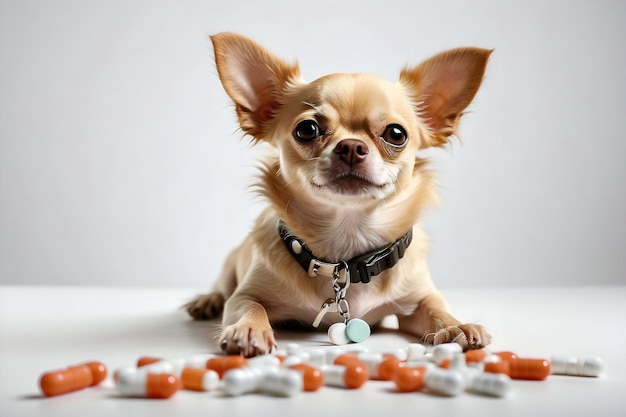 Chihuahua en pastillas tomando medicamentos mascotas enfermas suplementos de nutrición animal vitaminas y salud