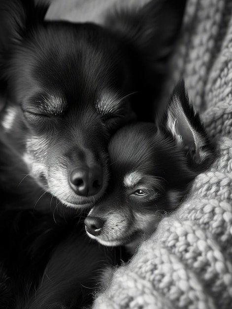 Chihuahua preto adulto e cachorrinho em close-up Parente e cachorro compartilham um momento de ternura em preto e branco