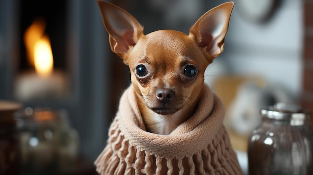 Chihuahua senta-se em um radiador quente em uma sala branca