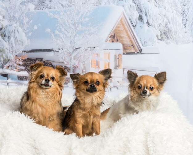 Chihuahua sitzen in der Winterszene auf weißem Teppich